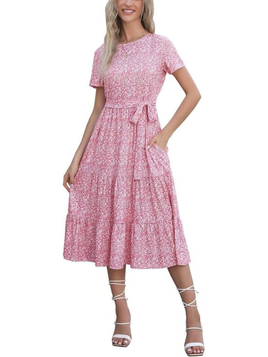 Dresses & Skirts - Women's Pink Floral Tiered Short Sleeve Belted Pocket Ruffle Midi Maxi Dress